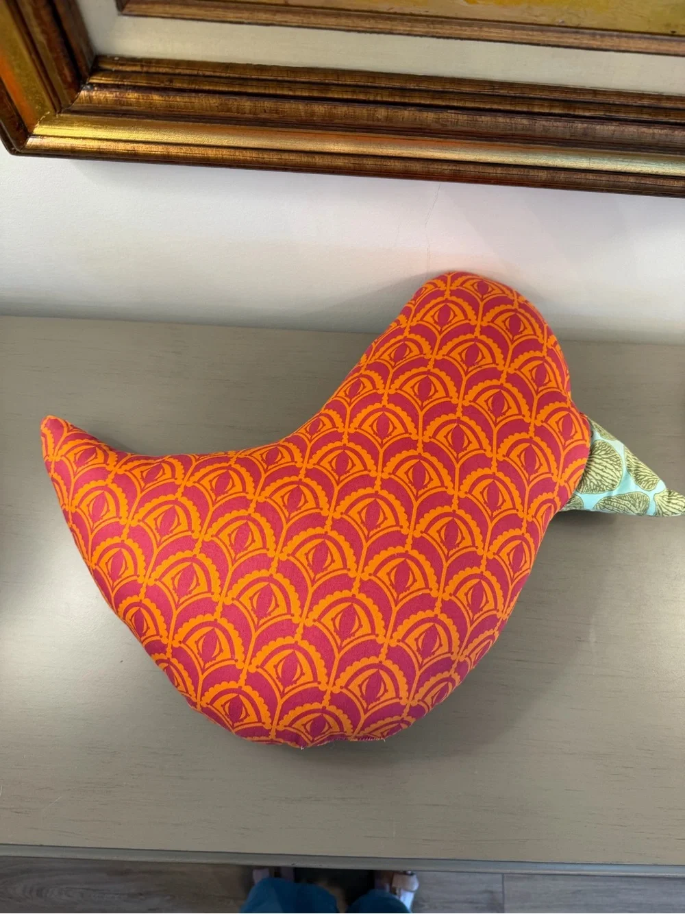 Handmade Patchwork Bird Accent Pillow Boho Folk Art Whimsical Bird Button Eye